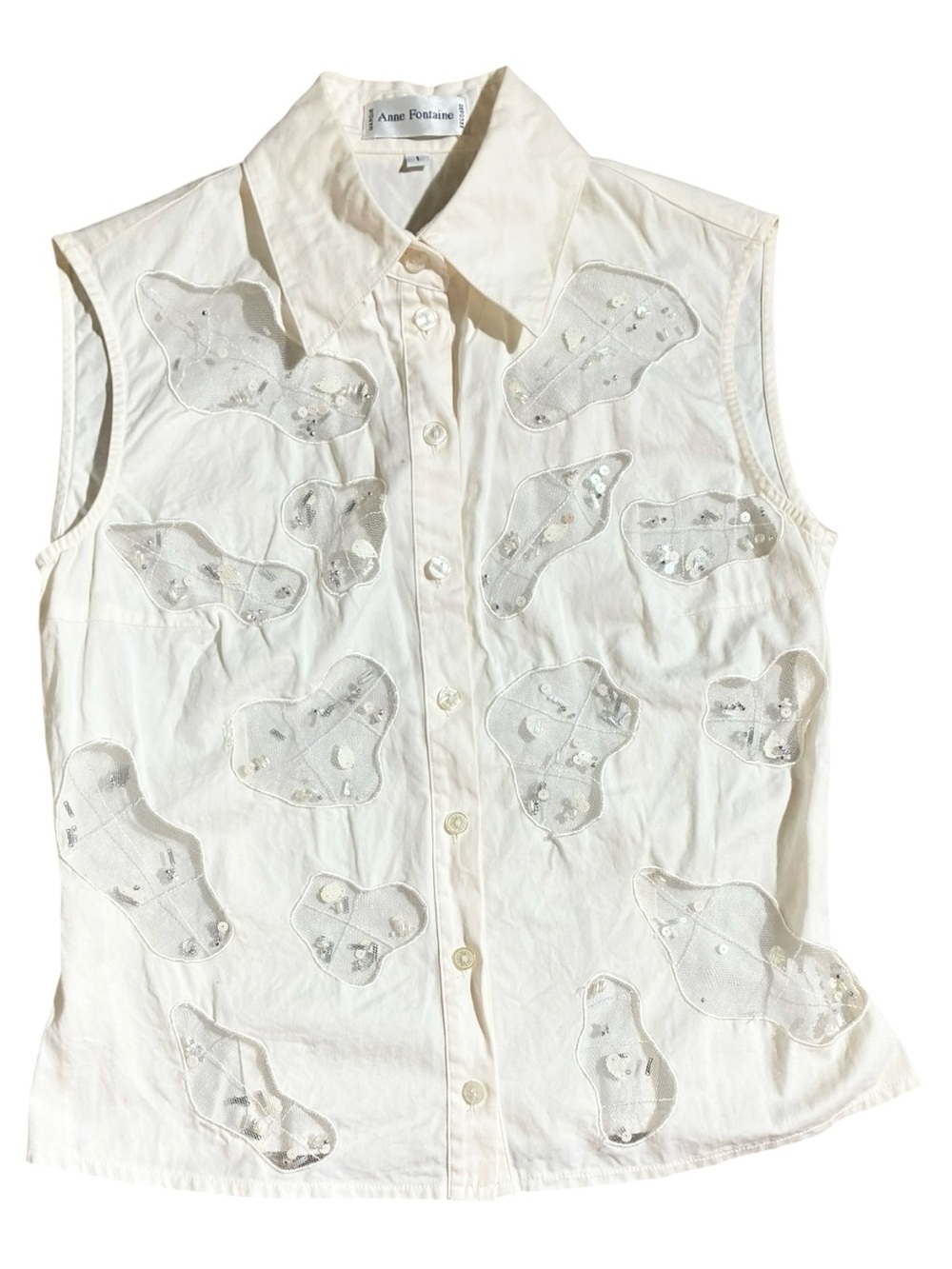 Anne Fontaine Mesh Beaded Sleeveless Button Top Blouse